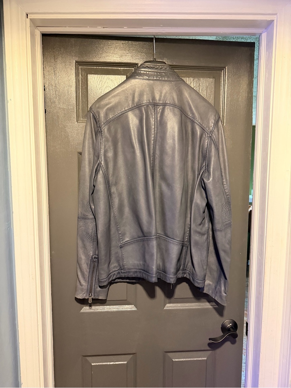 Wilsons Leather Men's Blue Leather Bomber Jacket with Buckle Collar - Picture 3 of 3